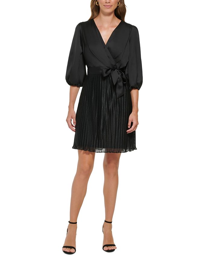 DKNY Women's Pleated Balloon Sleeve Faux Wrap Dress Black Size 16