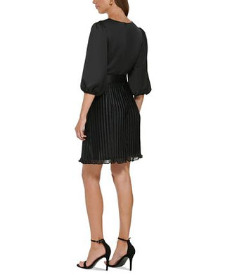 DKNY Women's Pleated Balloon Sleeve Faux Wrap Dress Black Size 16