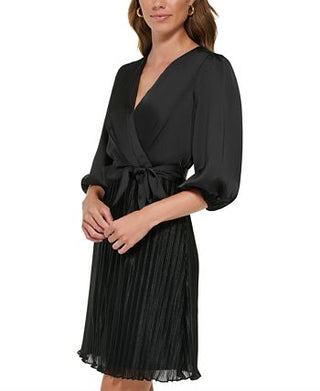 DKNY Women's Pleated Balloon Sleeve Faux Wrap Dress Black Size 16
