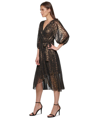DKNY Women's Metallic Chiffon Faux Wrap Dress Black Size 14