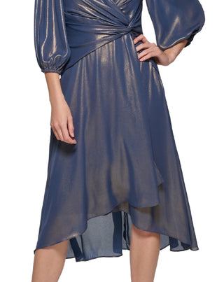 DKNY Women's Iridescent Twisted Balloon Sleeve Dress Blue Size 10