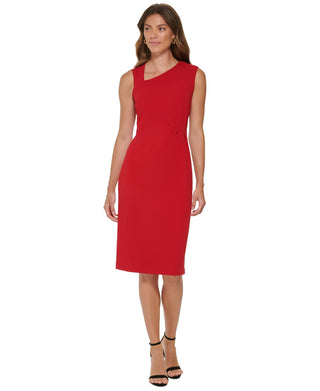 DKNY Women's Asymmetrical Neck Ruched Midi Dress Red Size 12