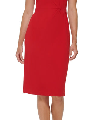 DKNY Women's Asymmetrical Neck Ruched Midi Dress Red Size 12