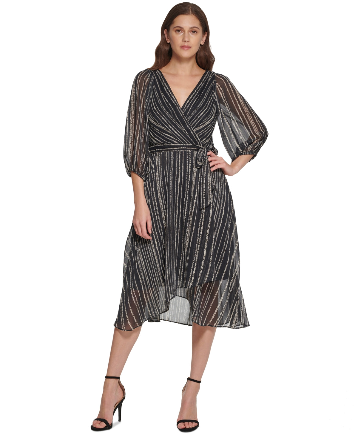 DKNY Women's Printed Chiffon Balloon Sleeve Wrap Midi Dress Black Size 6