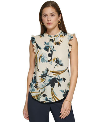 DKNY Women's Printed Quarter Button Round Neck Top White Size X-Small