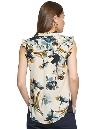 DKNY Women's Printed Quarter Button Round Neck Top White Size X-Small