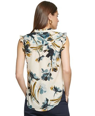 DKNY Women's Printed Quarter Button Round Neck Top White Size X-Small