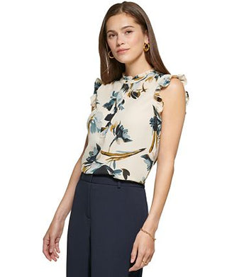 DKNY Women's Printed Quarter Button Round Neck Top White Size X-Small