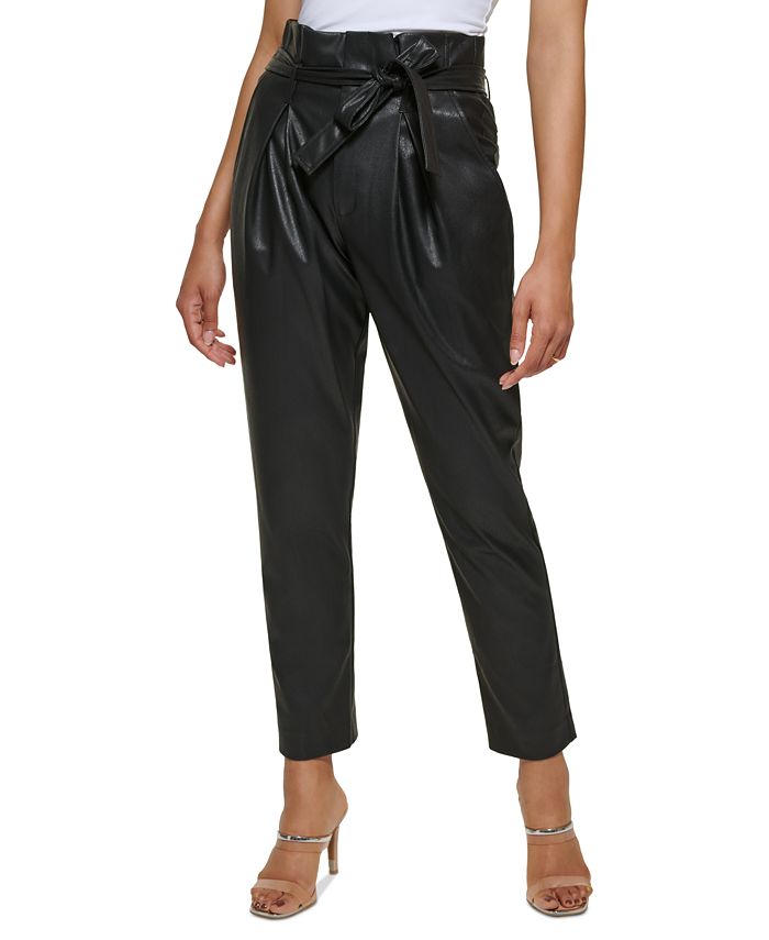 DKNY Women's Faux Leather High Rise Tie Waist Ankle Pants Black Size 10
