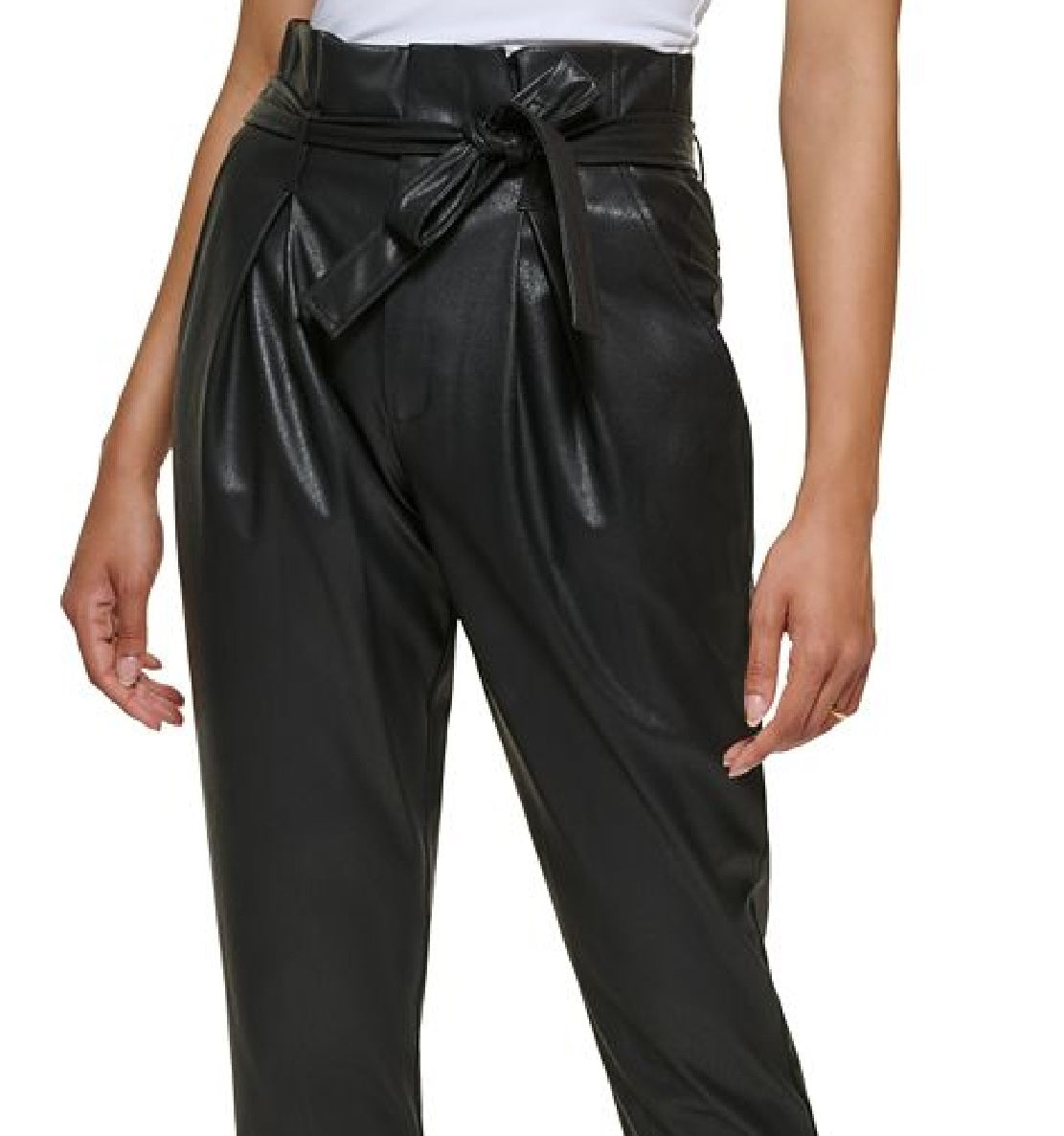 DKNY Women's Faux Leather High Rise Tie Waist Ankle Pants Black Size 10