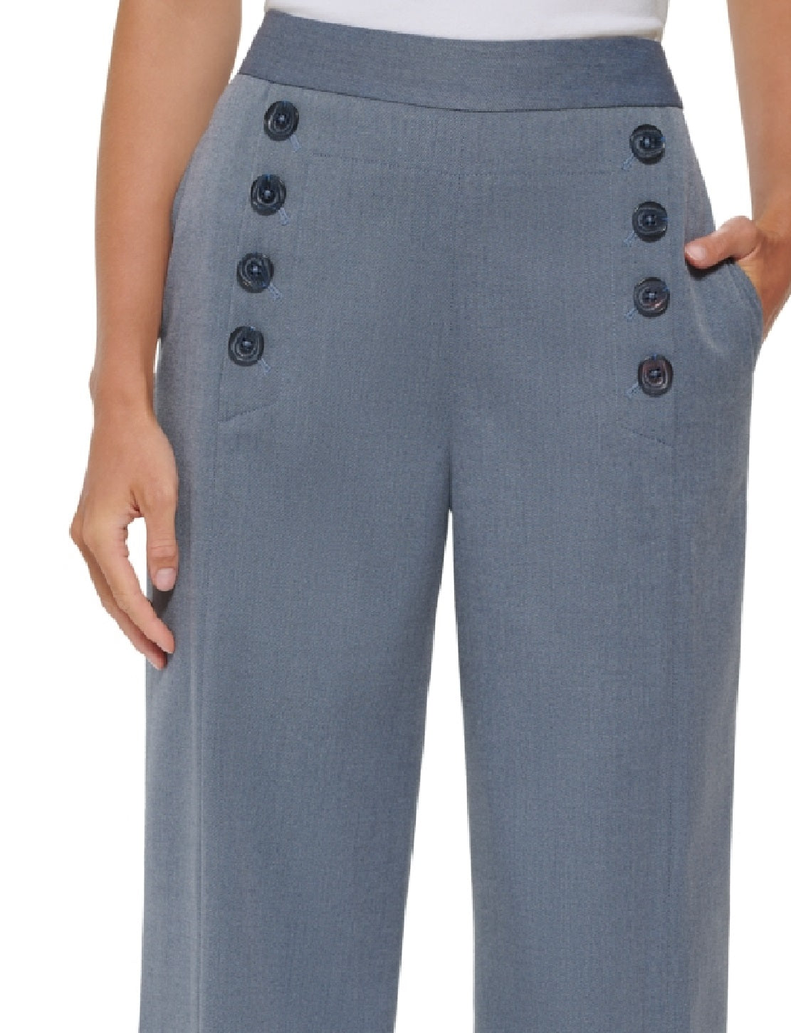 DKNY Women's High Waist Wide Leg Button Front Sailor Pants Blue Size 18