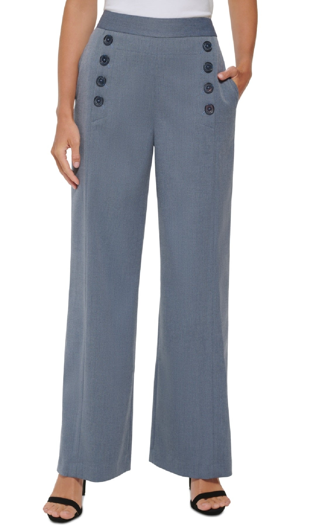 DKNY Women's High Waist Wide Leg Button Front Sailor Pants Blue Size 2