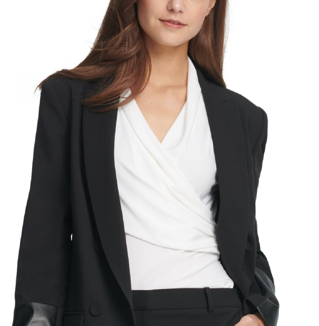 DKNY Women's Faux Leather Cuff Double Breasted Blazer Black Size 4