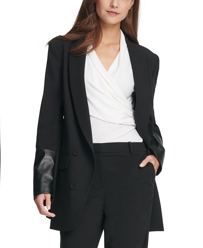 DKNY Women's Faux Leather Cuff Double Breasted Blazer Black Size 2
