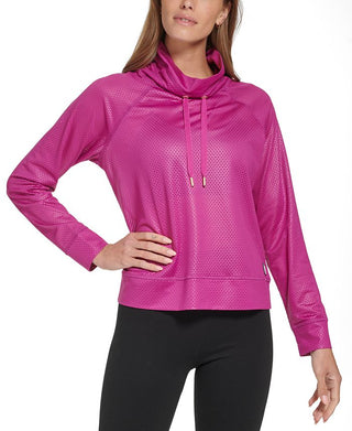 DKNY Women's Honeycomb Mesh Funnel Neck Sweatshirt Pink Size X-Large