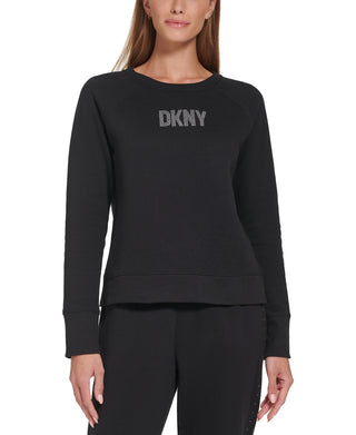 DKNY Women's Rhinestone Logo Print Crewneck Sweatshirt Black Size Medium