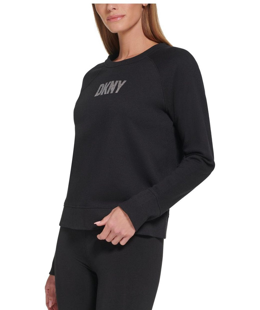 DKNY Women's Rhinestone Logo Print Crewneck Sweatshirt Black Size Medium