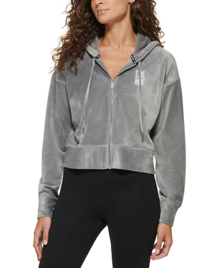 DKNY Women's Velour With Rhinestones Logo Zip Up Hoodie Gray Size X-Large