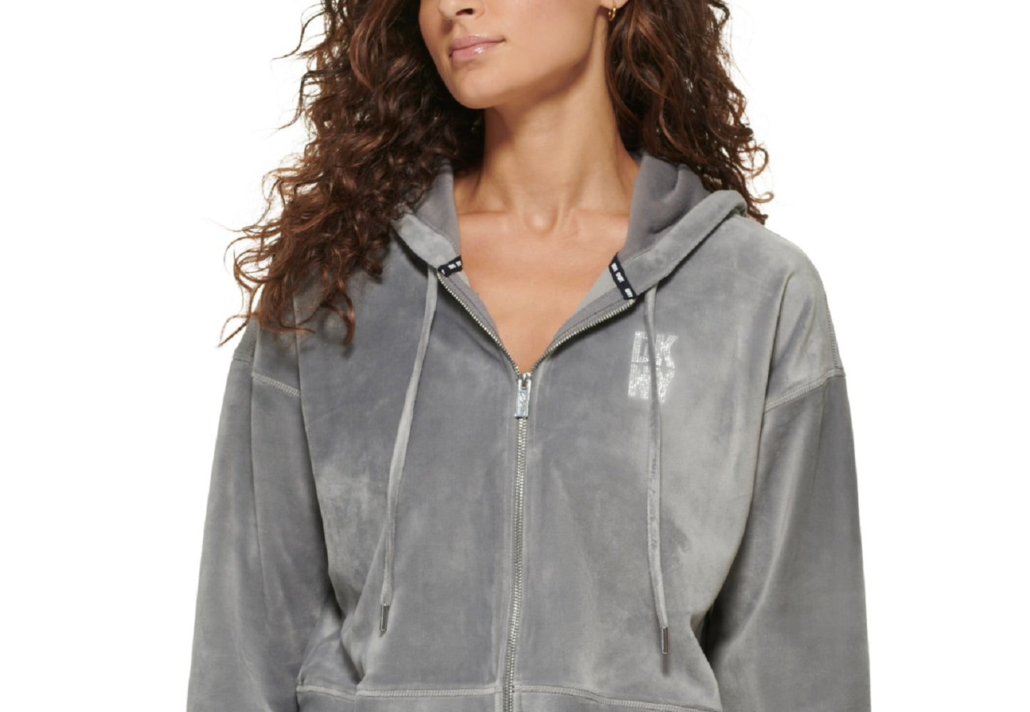 DKNY Women's Velour With Rhinestones Logo Zip Up Hoodie Gray Size X-Large