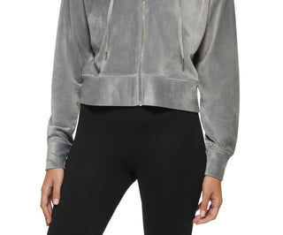 DKNY Women's Velour With Rhinestones Logo Zip Up Hoodie Gray Size X-Large