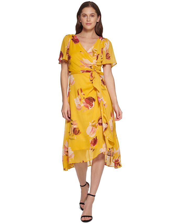 DKNY Women's FlutterSleeve TieWaist V Neck Dress Yellow Size 16