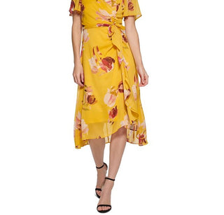 DKNY Women's FlutterSleeve TieWaist V Neck Dress Yellow Size 16