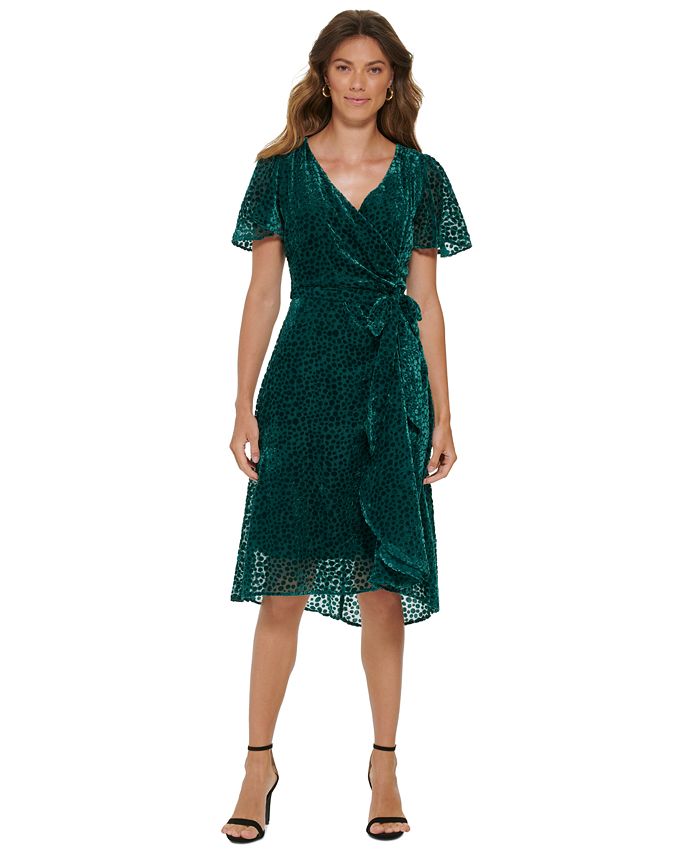DKNY Women's Burnout Velvet Flutter Sleeve Midi Dress Green Size 14