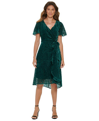 DKNY Women's Burnout Velvet Flutter Sleeve Midi Dress Green Size 14