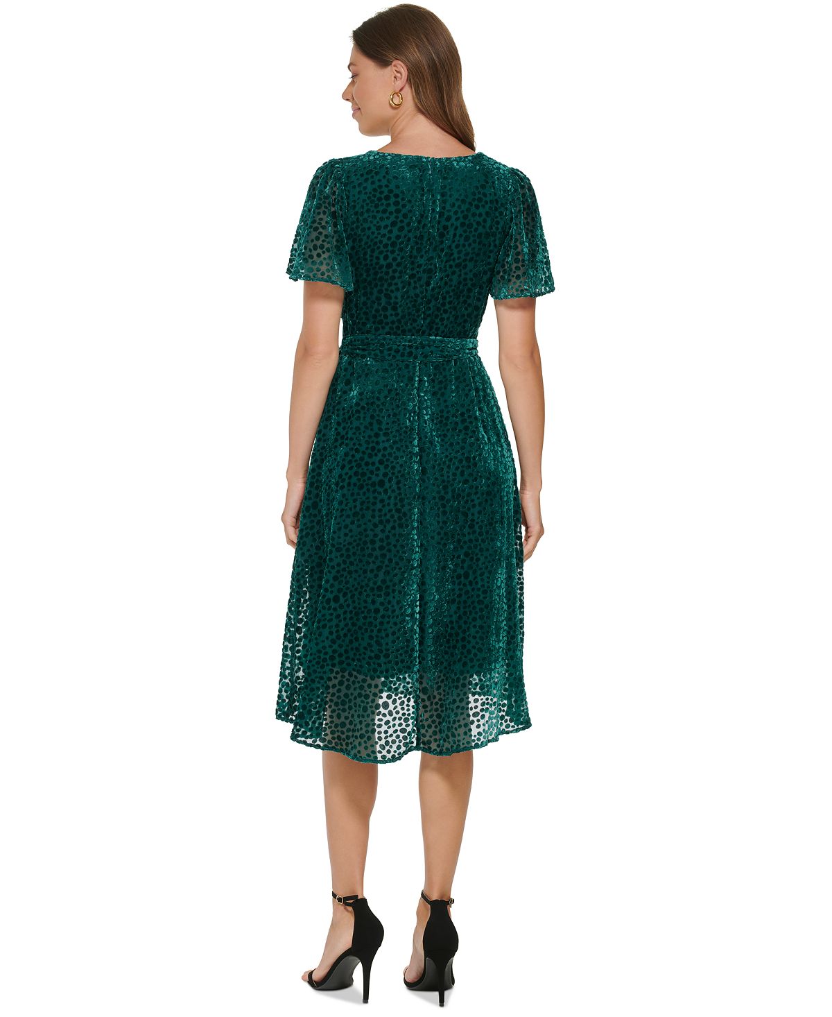 DKNY Women's Burnout Velvet Flutter Sleeve Midi Dress Green Size 8