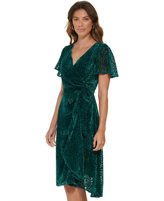 DKNY Women's Burnout Velvet Flutter Sleeve Midi Dress Green Size 8