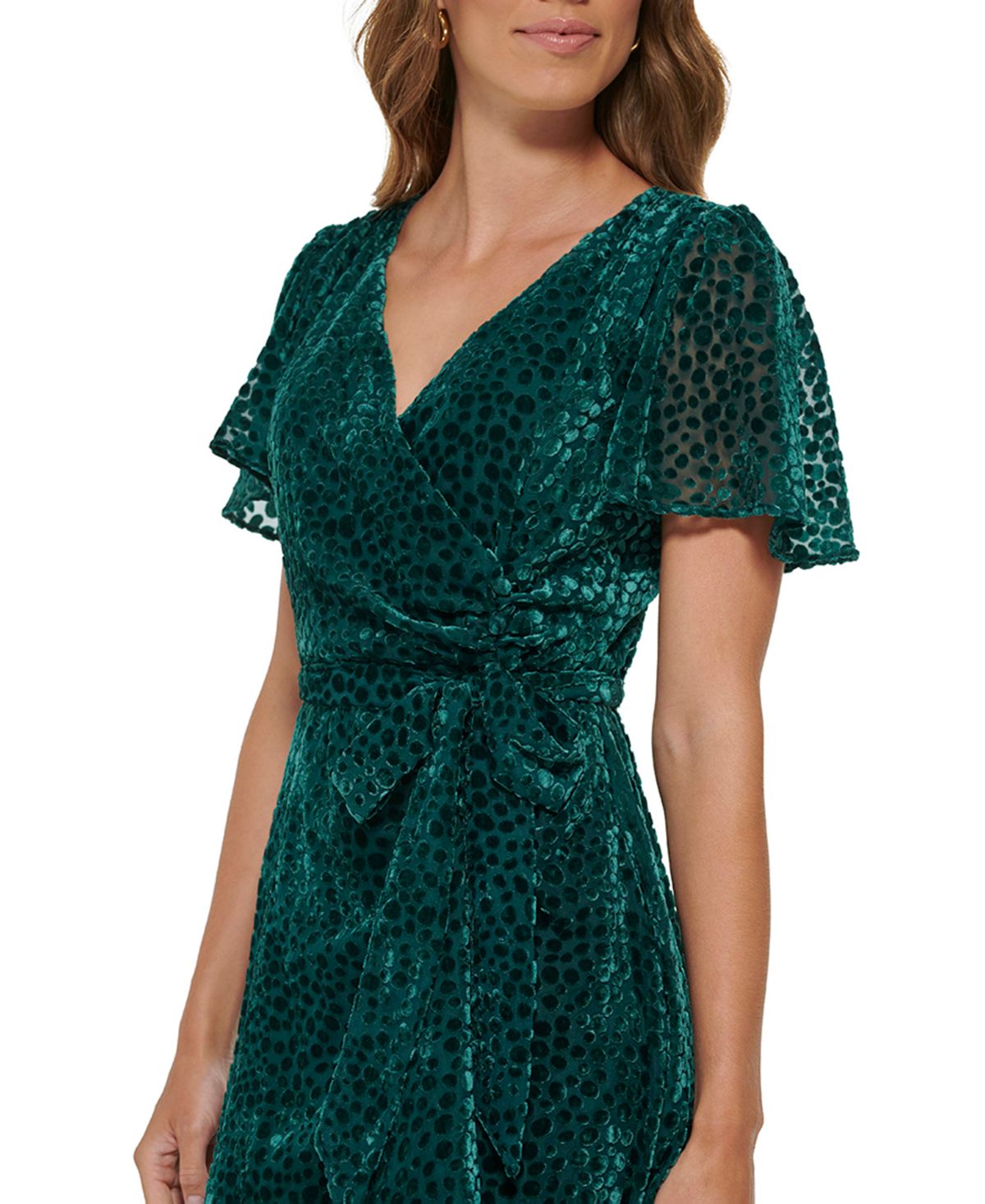 DKNY Women's Burnout Velvet Flutter Sleeve Midi Dress Green Size 6