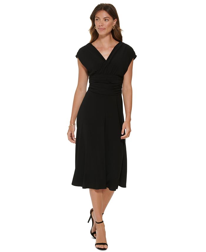DKNY Women's Ruched V-Neck Midi Dress Black Size 14