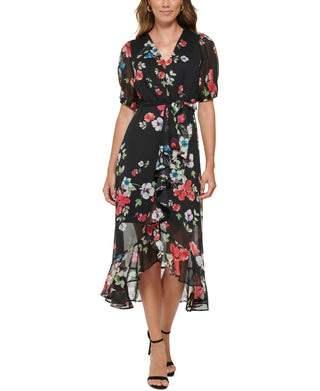 DKNY Women's Floral Print Ruffled Midi Dress Black Size 6