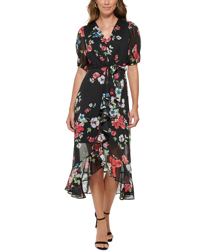 DKNY Women's Floral Print Ruffled Midi Dress Black Size 6