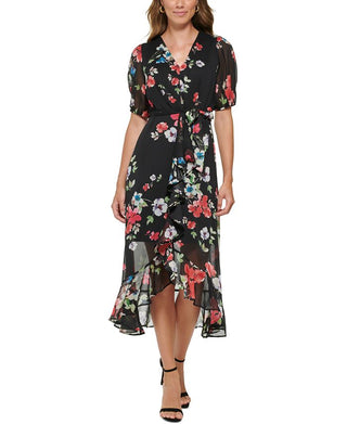 DKNY Women's Floral Print Ruffled Midi Dress Black Size 6