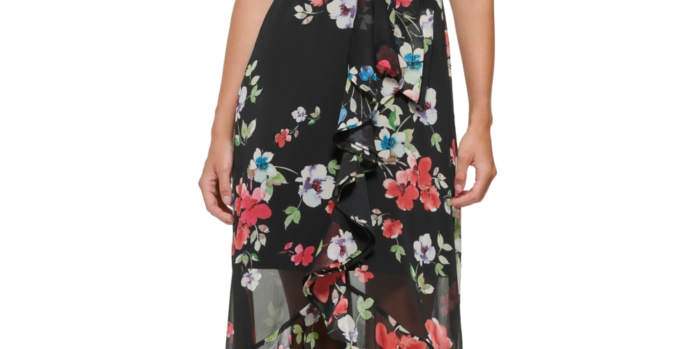 DKNY Women's Floral Print Ruffled Midi Dress Black Size 6