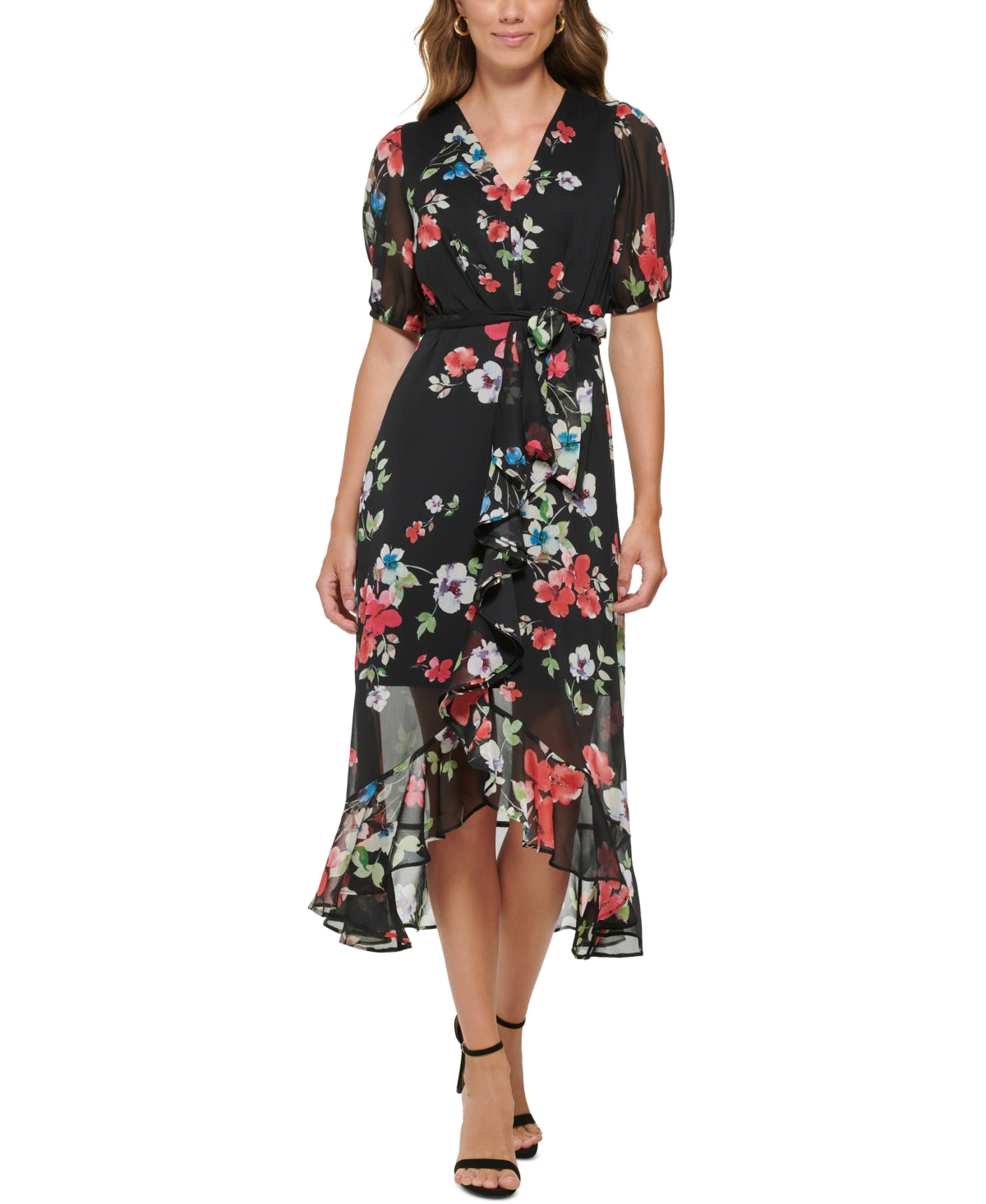 DKNY Women's Floral Print Ruffled Midi Dress Black Size 2