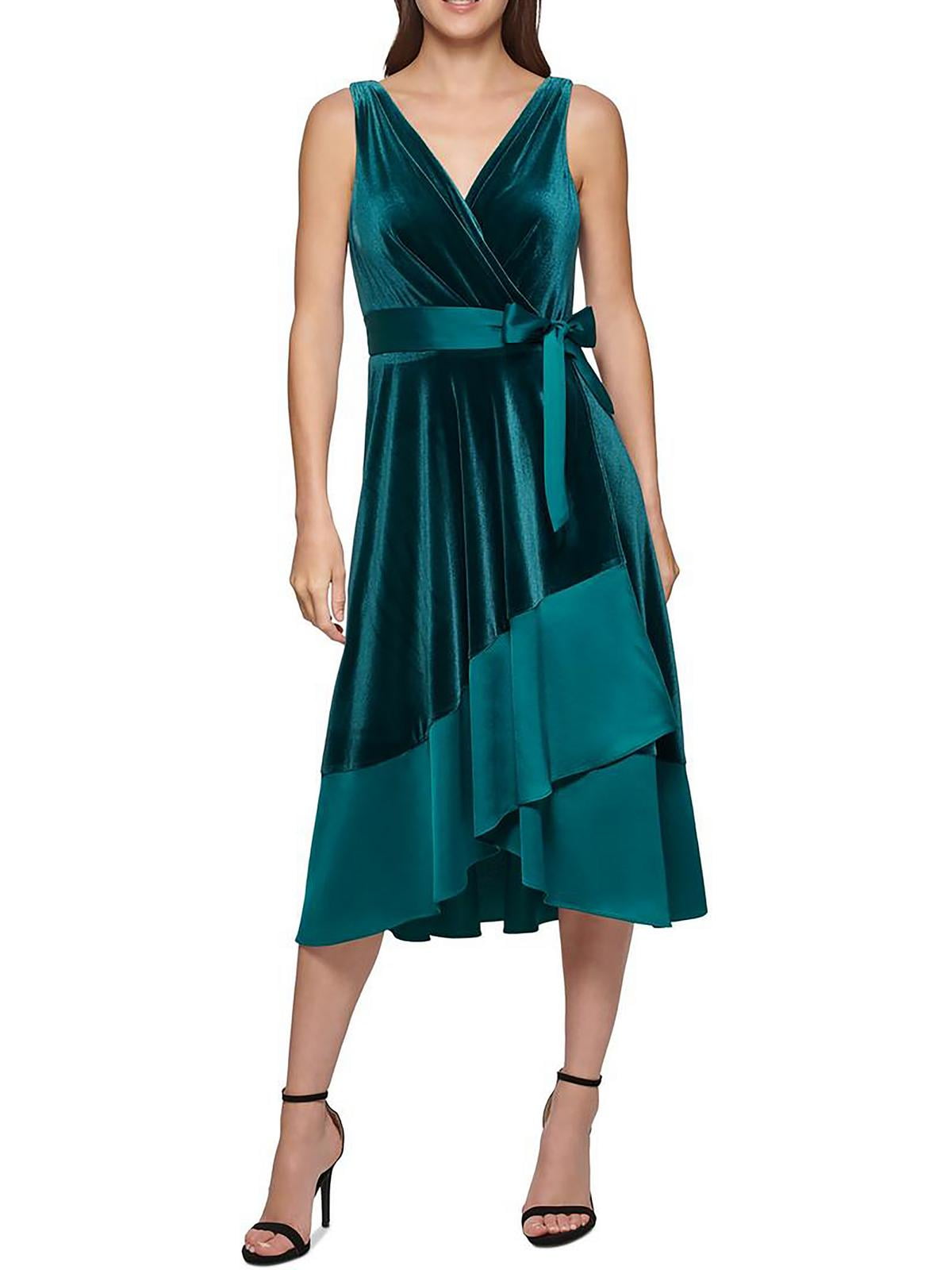DKNY Women's Mixed Media Surplice V Neck Belted Dress Green Size 12