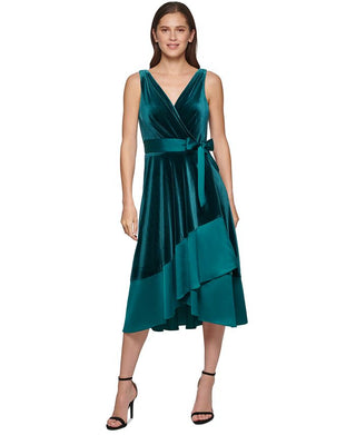 DKNY Women's Mixed Media Surplice V Neck Belted Dress Green Size 2
