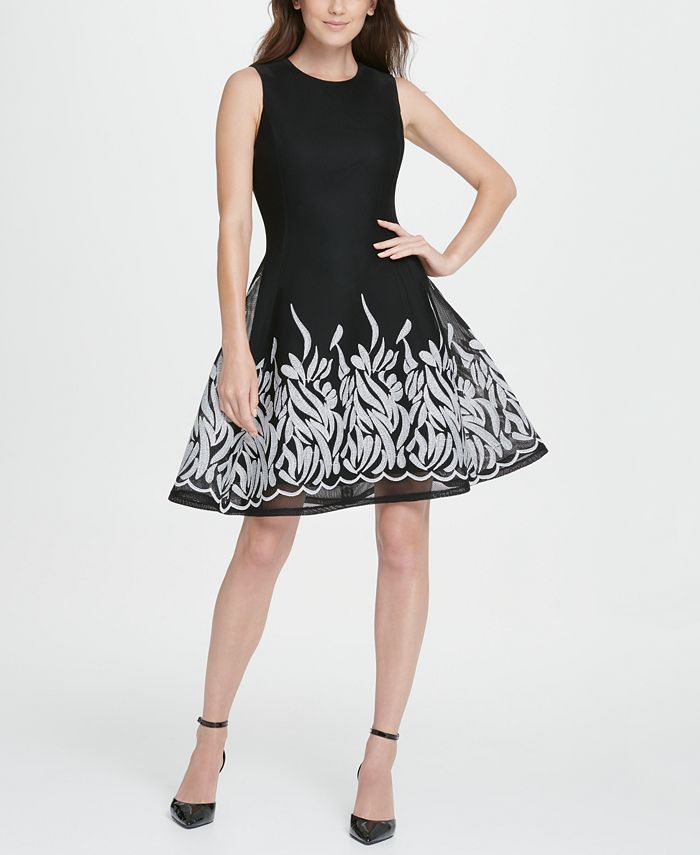 DKNY Women's Embroide Mesh Fit & Flare Dress Black Size 16