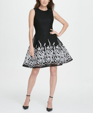 DKNY Women's Embroide Mesh Fit & Flare Dress Black Size 16