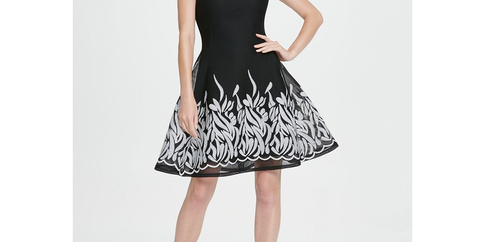 DKNY Women's Embroide Mesh Fit & Flare Dress Black Size 16