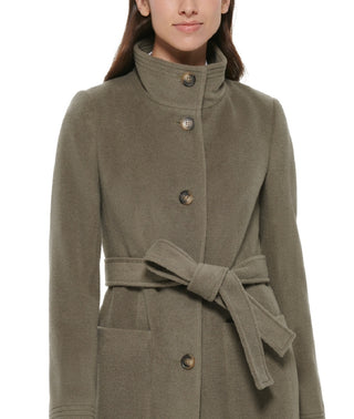 DKNY Women's Stand Collar Button Front Belted Coat Green Size Large