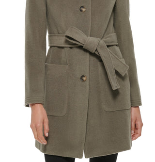 DKNY Women's Stand Collar Button Front Belted Coat Green Size Large
