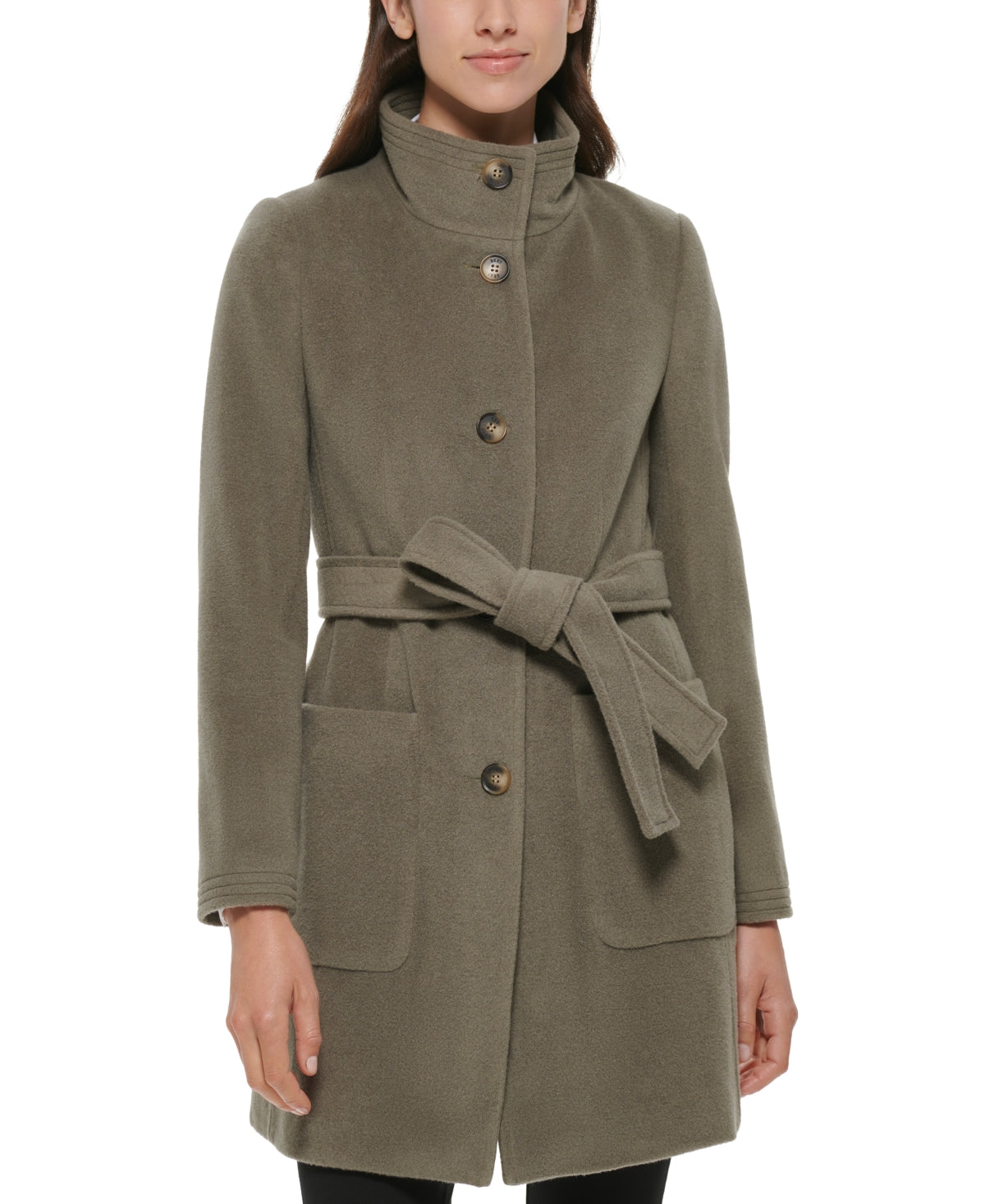 DKNY Women's Stand Collar Button Front Belted Coat Green Size Large
