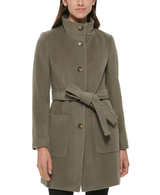 DKNY Women's Stand Collar Button Front Belted Coat Green Size Large