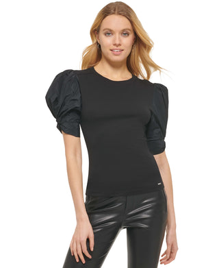 DKNY Women's Crewneck Contrast Puff Sleeve Top Black Size X-Large