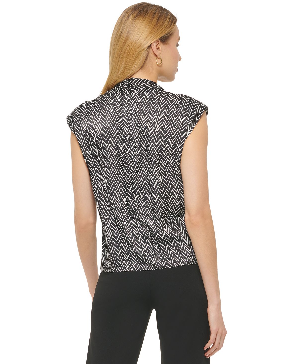 DKNY Women's Printed Tie V Neck Top Black Size Large