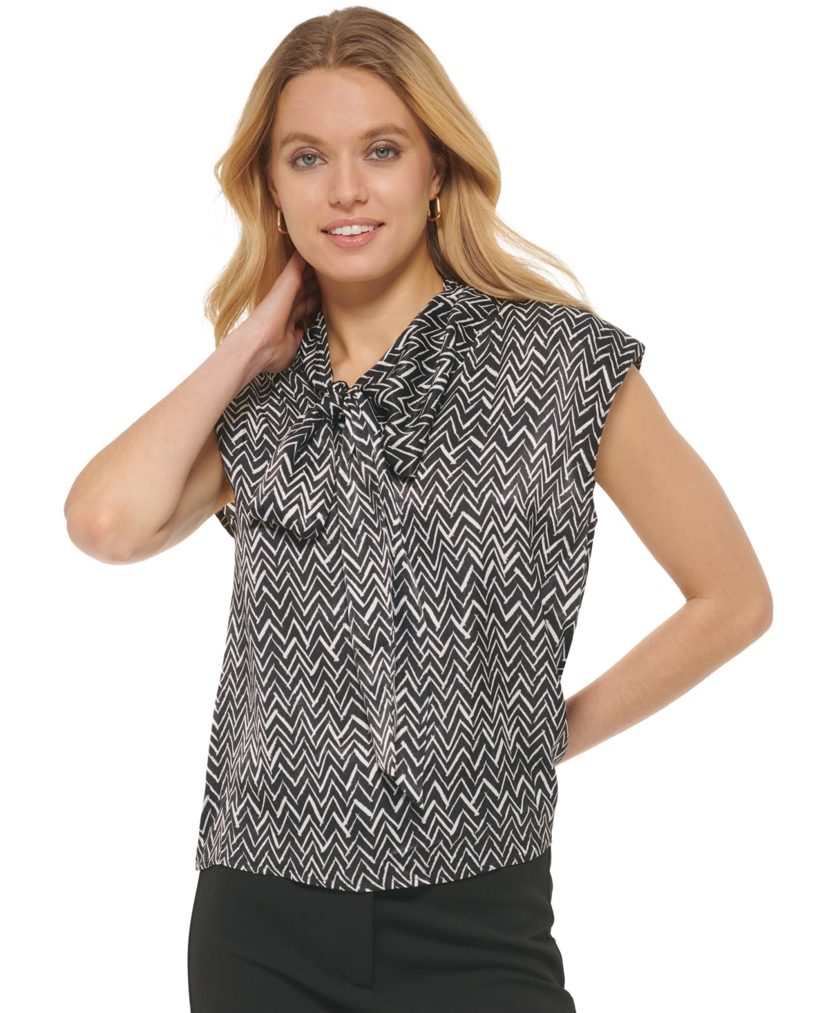 DKNY Women's Printed Tie V Neck Black Size X-Small