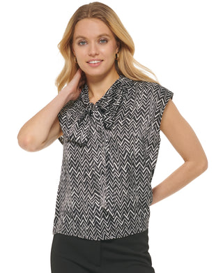 DKNY Women's Printed Tie V Neck Black Size X-Small